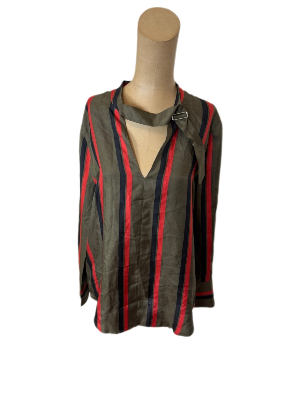 Equipment Green Red & Black Striped Silk Blouse Top Size Medium